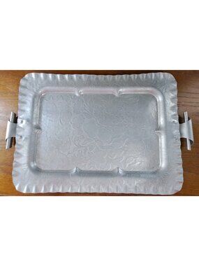 Hand Finished Vintage Aluminum Tray With Applied Rolled Handles Fruit Design